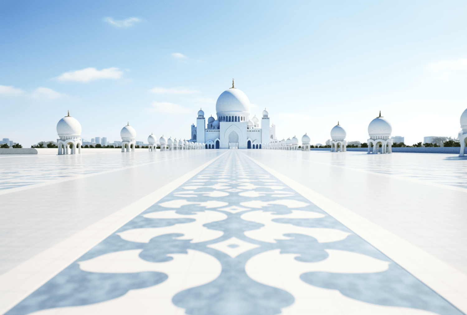 White marble mosque with domes at the end of a patterned walkway under a clear sky