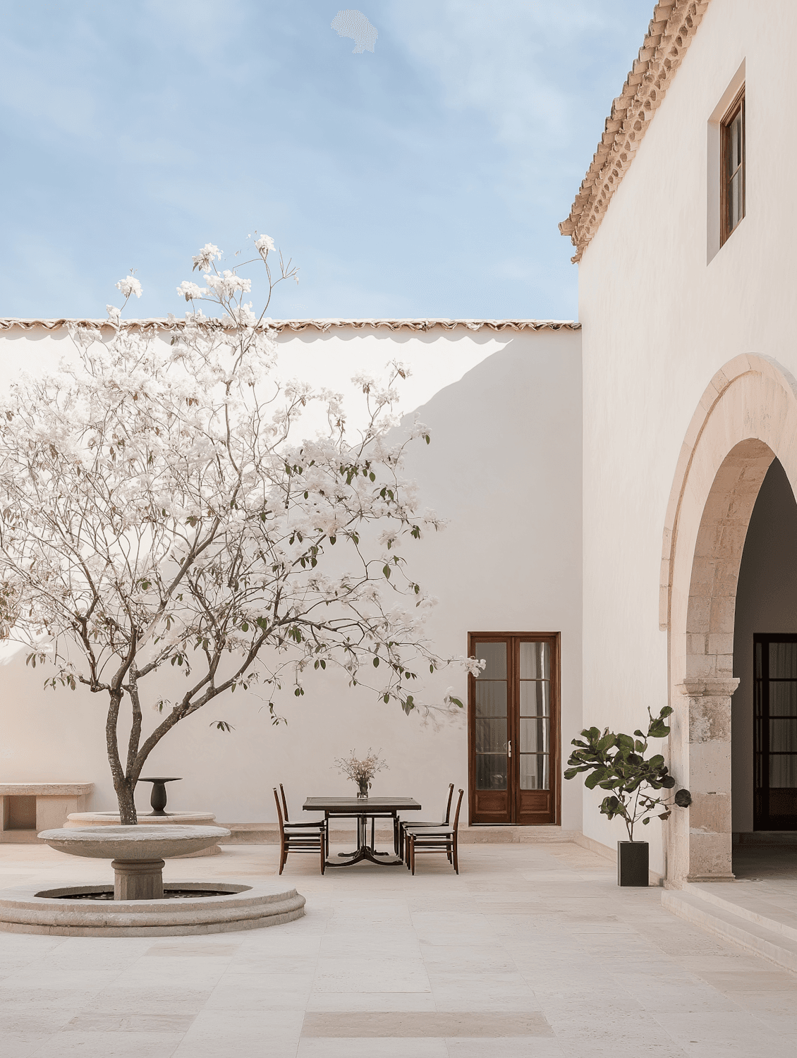 Calm courtyard with a flowering tree, a fountain and a stone arch