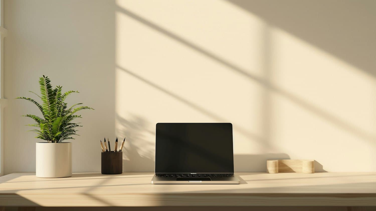 Laptop on a wooden desk beside a potted plant in warm light